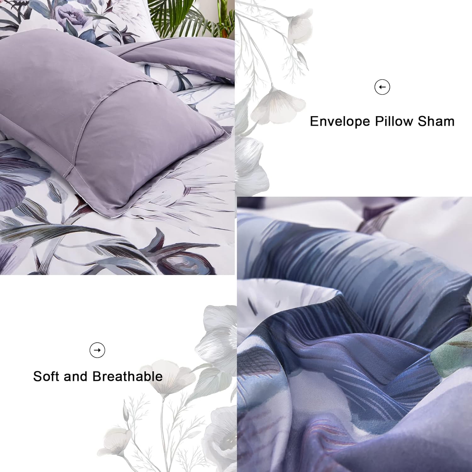 Luxudecor Floral Comforter Set Queen Size 7 Piece, Purple Flower Bed in a Bag, Elegant Floral Comforter with Sheet Set, Soft Microfiber Bedding Set for All Season (Purple, 90"x90") - Image 4