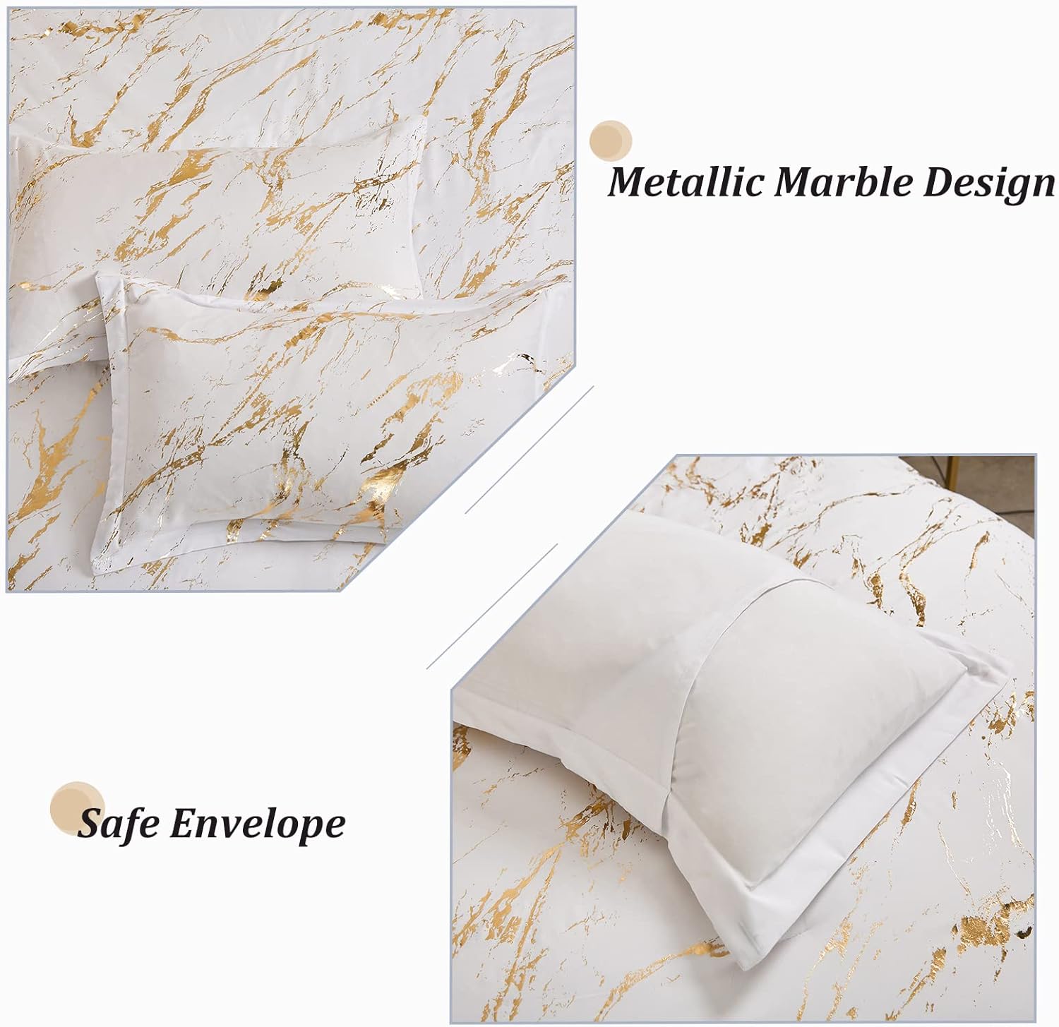 WONGS BEDDING White Gold Metallic Marble Comforter Set Queen Foil Print Glitter Bedding Sets with 2 Pillowcases for All Seasons, Soft Microfiber Filling Bedding Duvet Set 90"x90" - Image 6