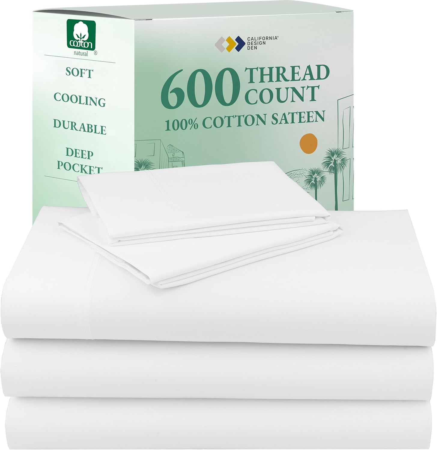 California Design Den Queen Sheet Set - Luxury 600 Thread Count Sateen, 100% Cotton Deep Pocket Queen Sheets with All Around Elastic, Snug Fit, Hotel Quality Bedding Set - White - Image 55
