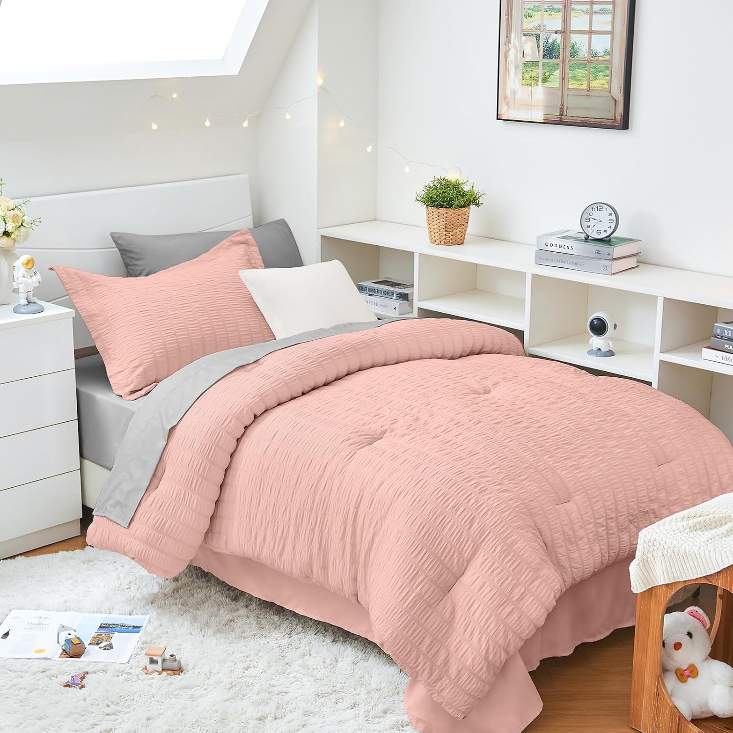 HYMOKEGE Queen Comforter Set Seersucker 7 Pieces, All Season Luxury Bed in a Bag for Bedroom, Bedding Set with Comforters, Sheets, Pillowcases & Shams, Dark Grey - Image 44