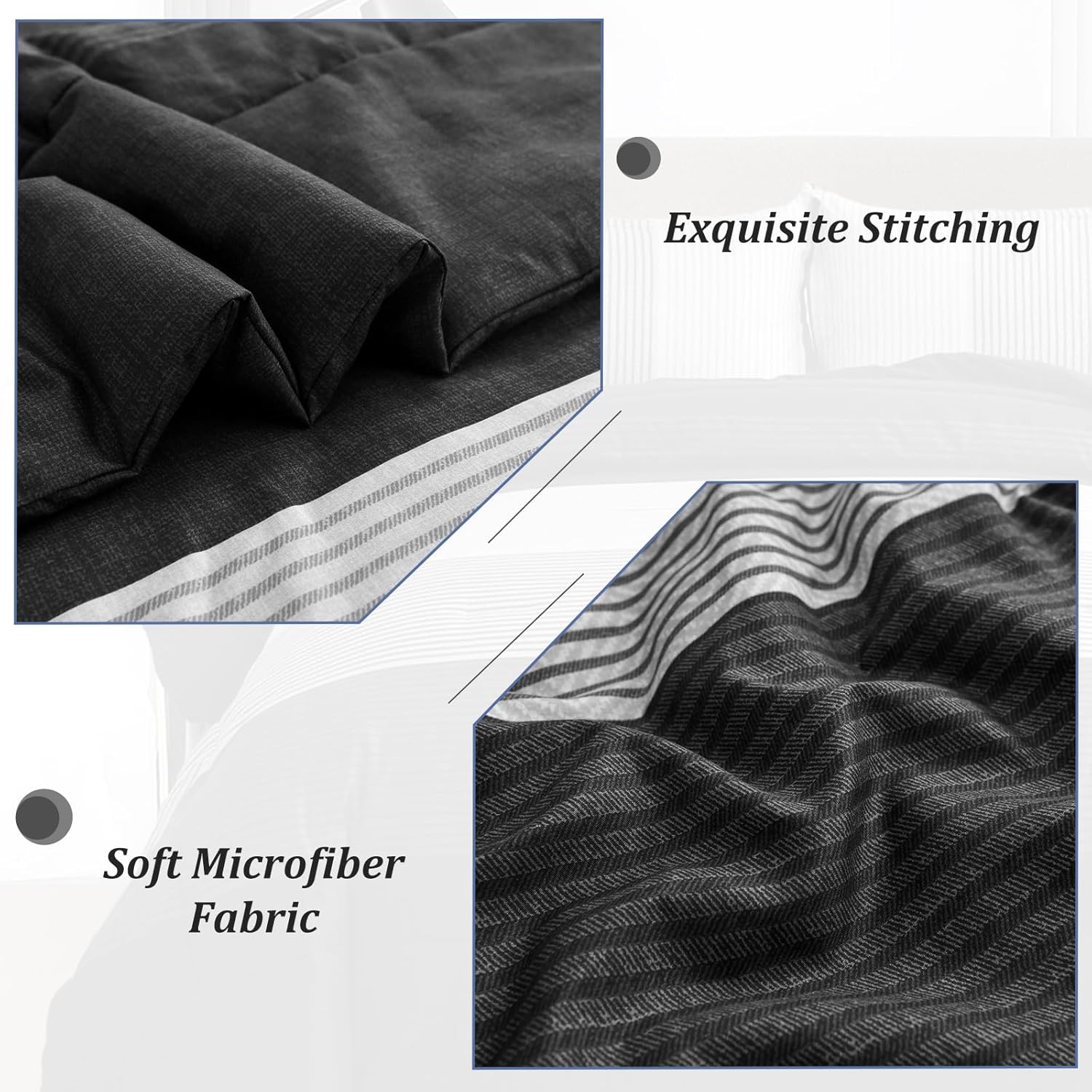 WONGS BEDDING Black Comforter Set Queen, Reversible Black Grey Stripe Down Alternative Comforter for All Season,3 Pieces(1 Patchwork Comforter+2 Pillowcases), Soft Microfiber Bedding Set 90"×90" - Image 6
