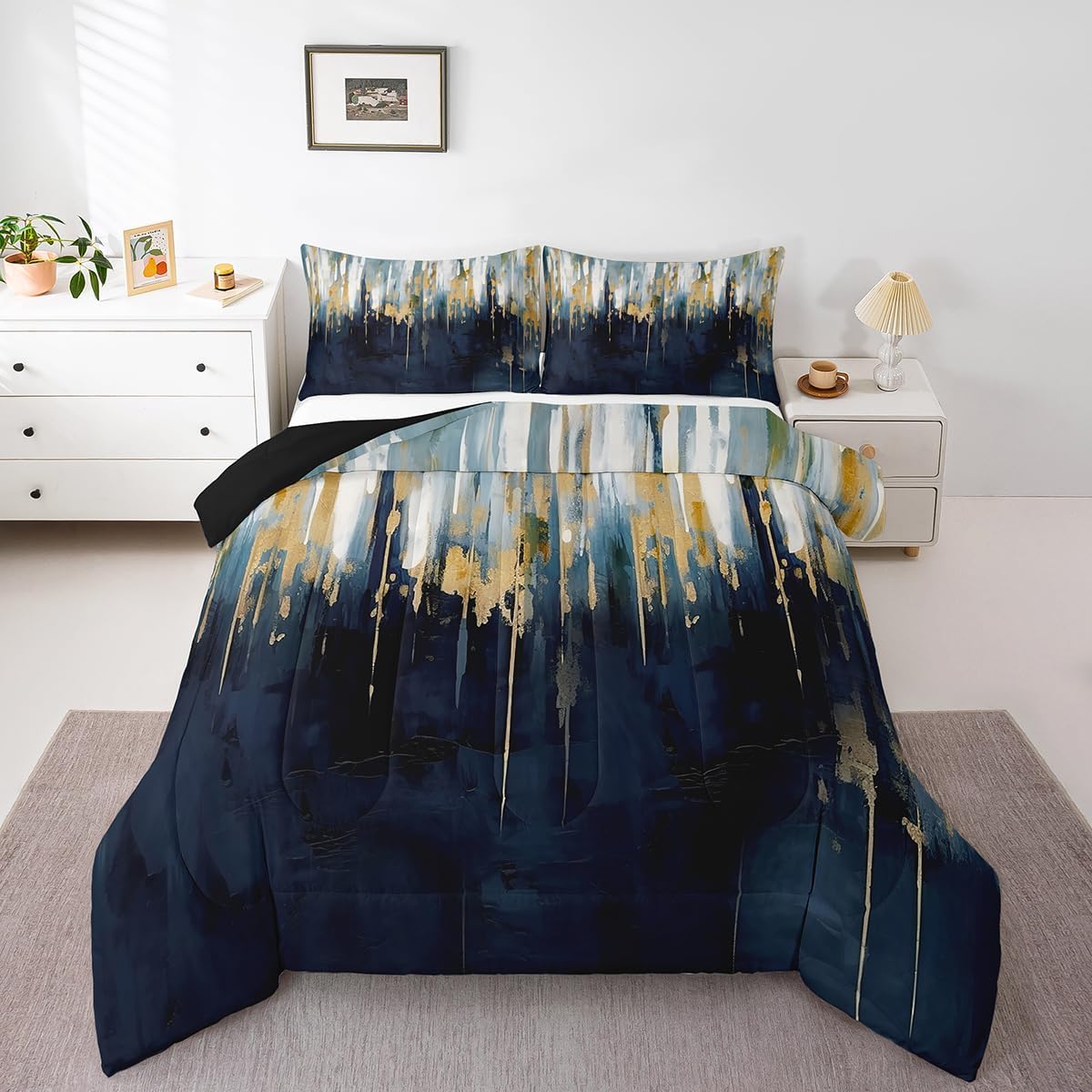Erosebridal Black Grey Gold Comforter Set Queen Brush Strokes Oil Painting Bedding Set, Gradient Abstract Vintage Bedding Comforter Sets Ombre Graffiti Duvet Set, Contemporary Modern Quilted Comforter - Image 28