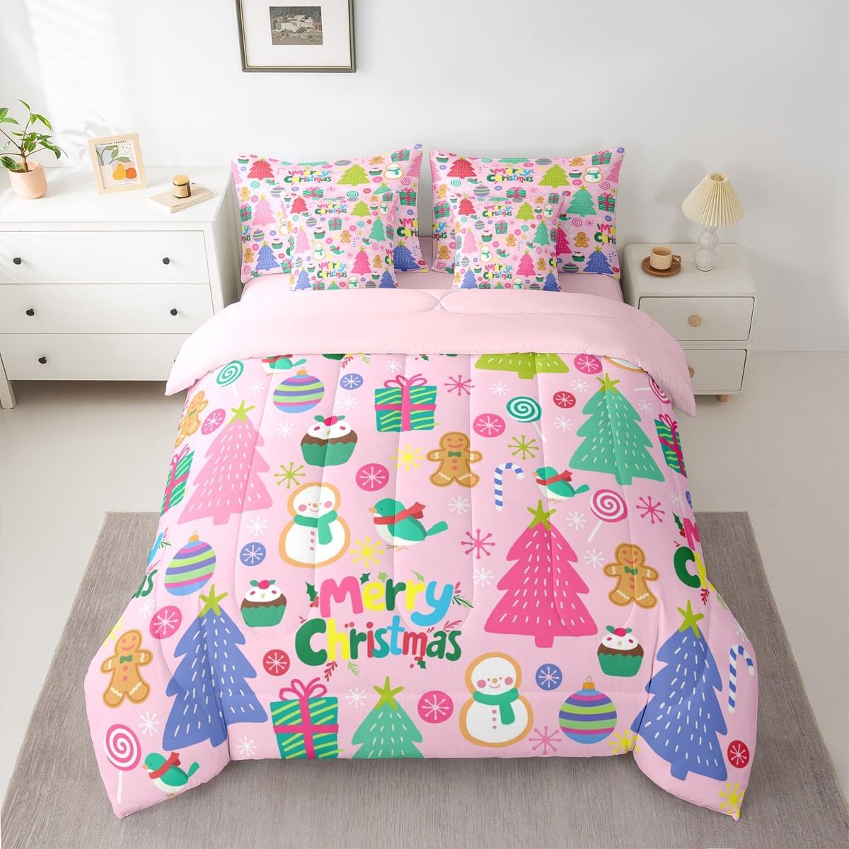 Pink Christmas 7 Piece Bedding Set Full Size Merry Christmas Snowman Bed in a Bag for Boys Girls Bedroom Decor Santa Claus Comforter Set with Sheets,Pillowcases & Cushion Cover Soft Xmas Tree Deer - Image 34