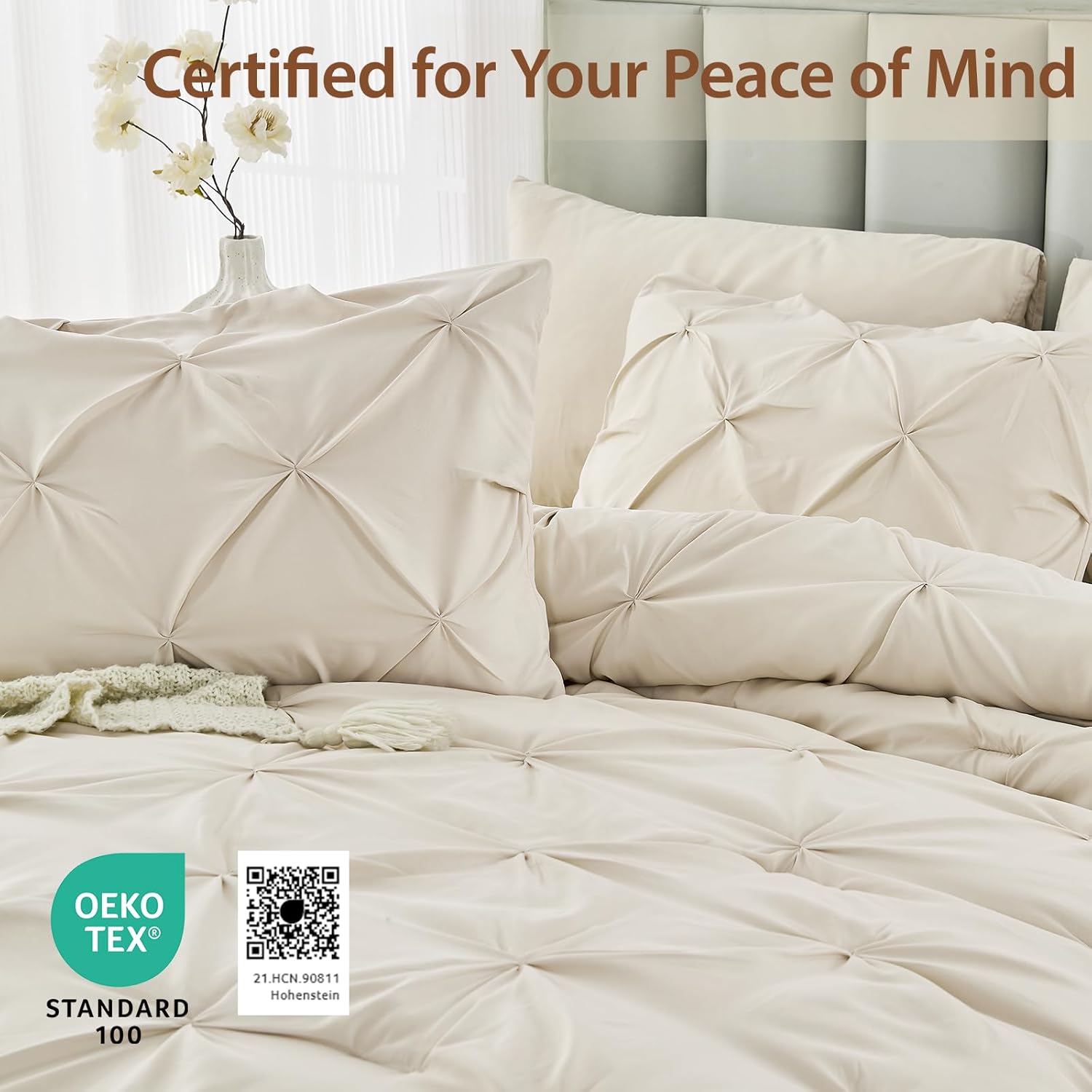 Sasttie Queen Comforter Set, 7-Piece Bed in a Bag, Pintuck Bedding Sets for All Season, Includes Comforter, Flat Sheet, Fitted Sheet, Pillowcases and Pillowshams, Beige - Image 4