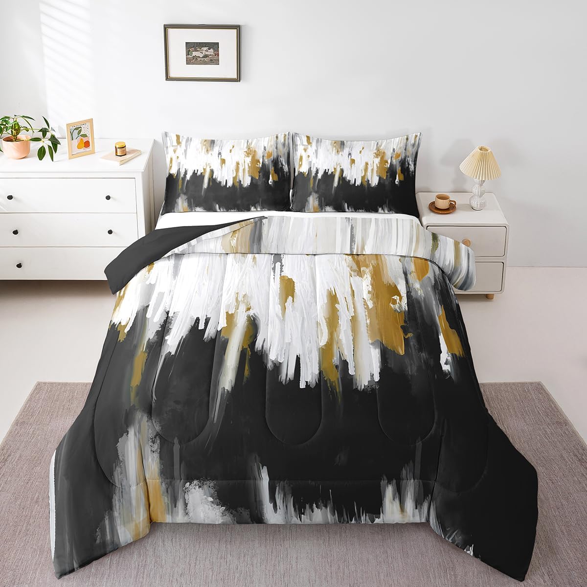 Erosebridal Black Grey Gold Comforter Set Queen Brush Strokes Oil Painting Bedding Set, Gradient Abstract Vintage Bedding Comforter Sets Ombre Graffiti Duvet Set, Contemporary Modern Quilted Comforter - Image 30