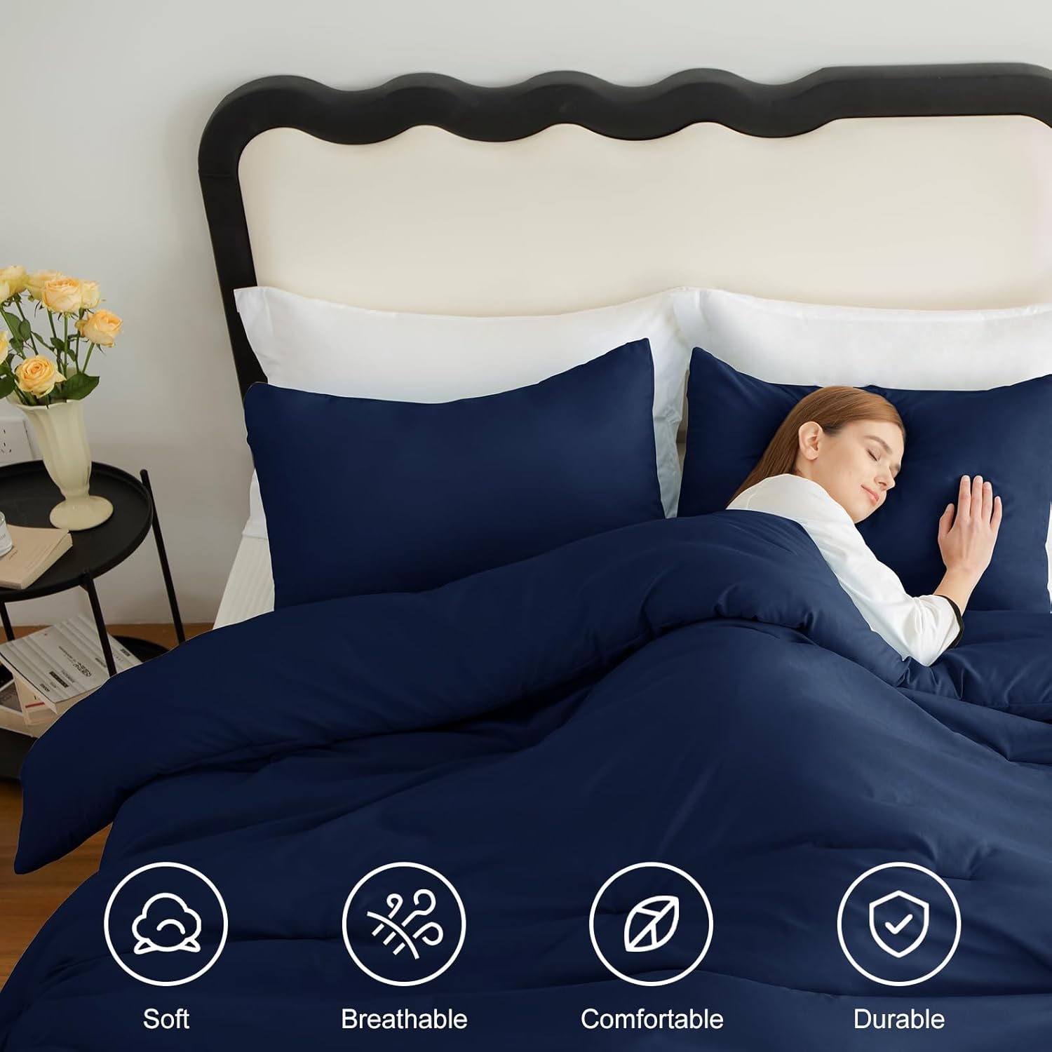 CozyLux Navy Blue Full Size Comforter Set, 3 Pieces Solid Breathable Quilted Style Bedding Sets, Luxury Fluffy Soft Bed Set with Down Alternative Comforter for All Season (1 Comforter & 2 Pillowcases) - Image 4