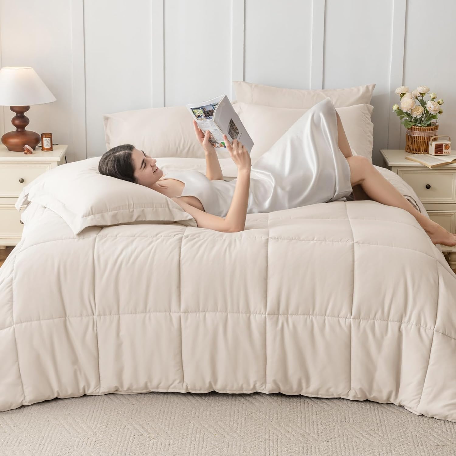 JOLLYVOGUE Queen Comforter Set, Ultra-Soft Bed in a Bag Queen Size 7 Pieces, Oeko-TEX Certified Bedding Set with Down Alternative Comforter, Sheets, Pillowcases & Shams, Beige - Image 6