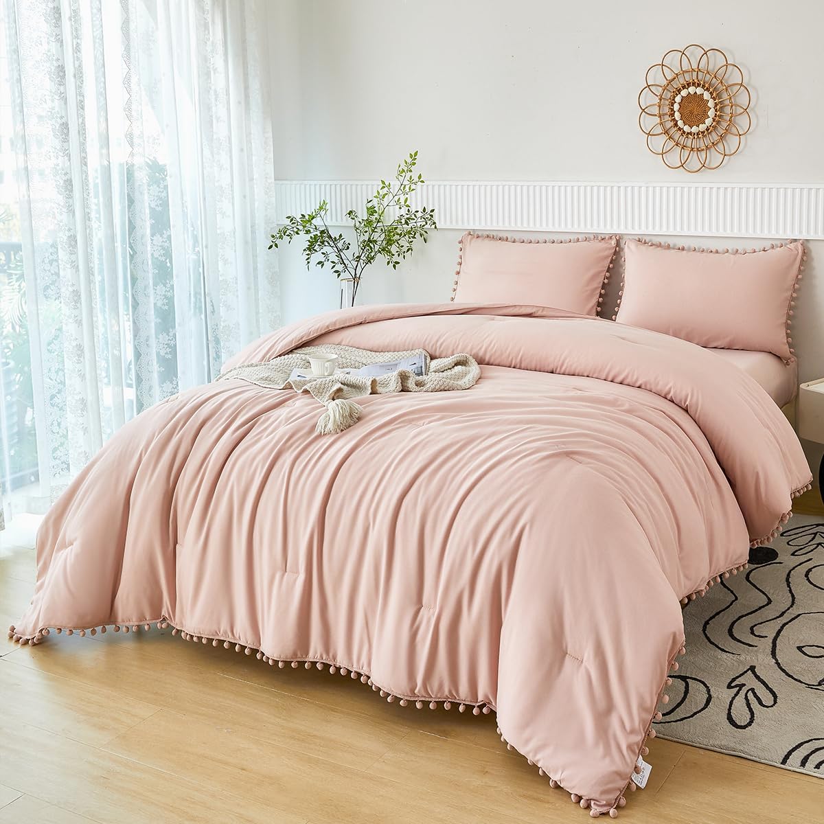 PERFEMET 5 Pcs Pink Pom Pom Comforter Twin Size Aesthetic Boho Pom Fringe Bedding Set with Sheet Ultra Soft Lightweight Farmhouse Bedding Quilt Set for Girls Kids(Pink, Twin) - Image 8