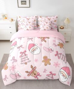 Pink Christmas 7 Piece Bedding Set Full Size Merry Christmas Snowman Bed in a Bag for Boys Girls Bedroom Decor Santa Claus Comforter Set with Sheets,Pillowcases & Cushion Cover Soft Xmas Tree Deer