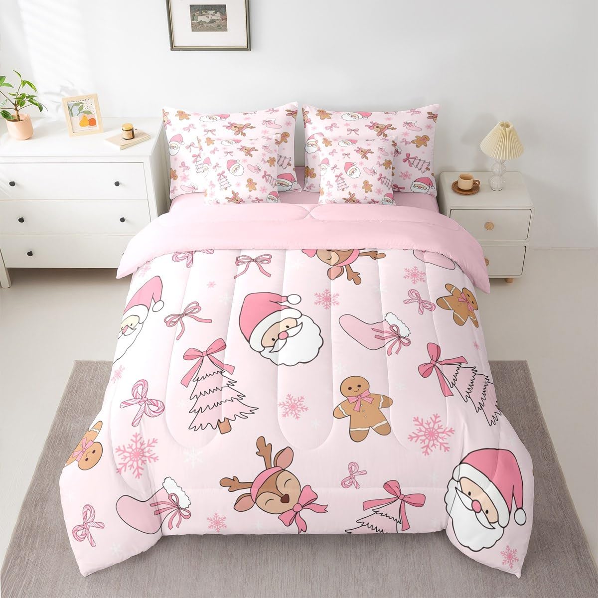 Pink Christmas 7 Piece Bedding Set Full Size Merry Christmas Snowman Bed in a Bag for Boys Girls Bedroom Decor Santa Claus Comforter Set with Sheets,Pillowcases & Cushion Cover Soft Xmas Tree Deer
