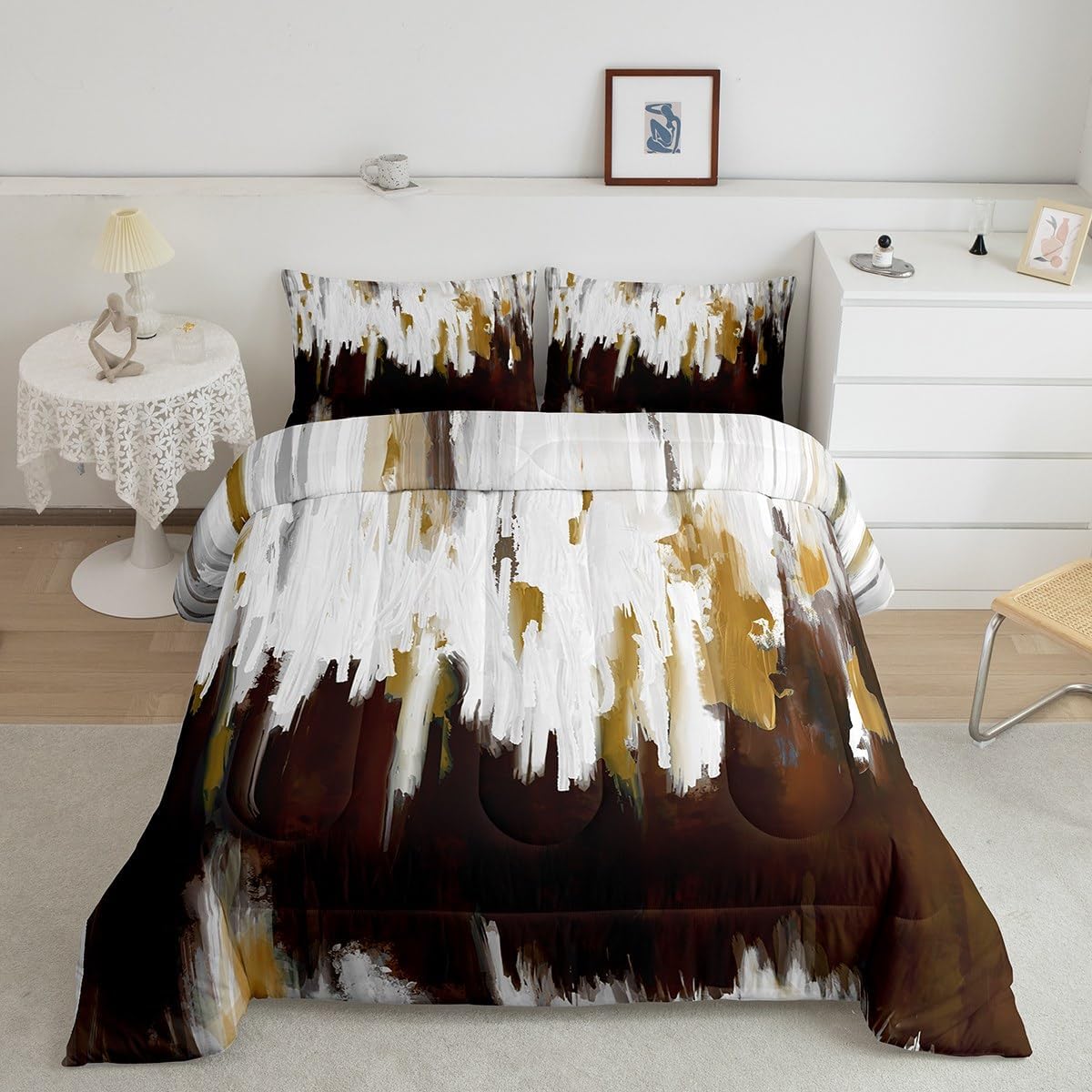Erosebridal Black Grey Gold Comforter Set Queen Brush Strokes Oil Painting Bedding Set, Gradient Abstract Vintage Bedding Comforter Sets Ombre Graffiti Duvet Set, Contemporary Modern Quilted Comforter - Image 43