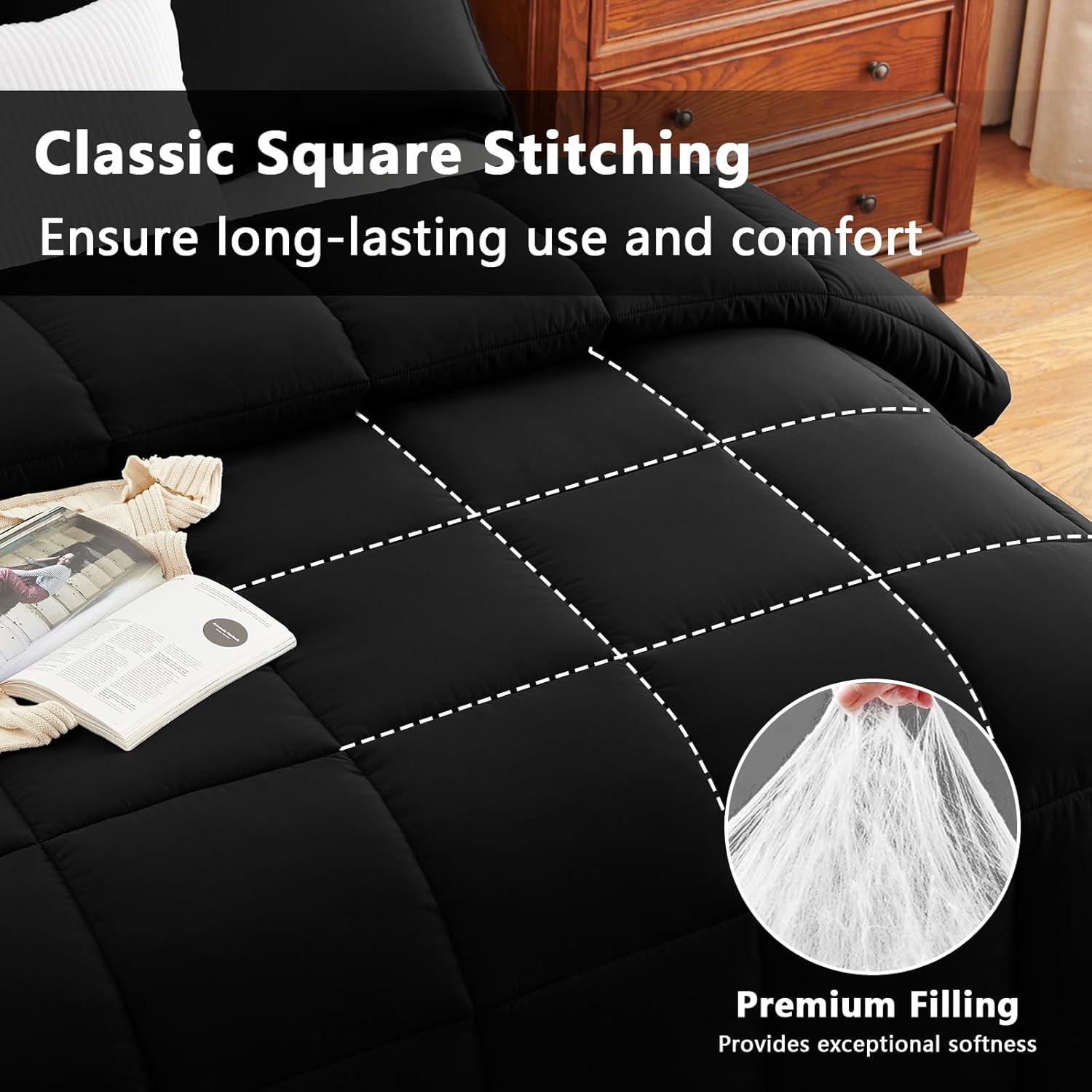 CozyLux King Size Comforter Set - Black Comforter King, 3 Pieces Box Stitched Bed Set for All Seasons, Soft Lightweight Bedding Sets with 1 Down Alternative Comforter and 2 Pillow Shams - Image 2