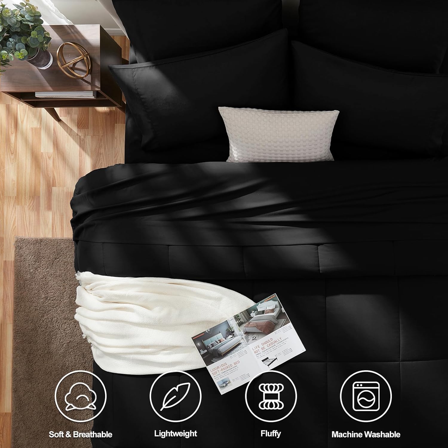CozyLux King Size Comforter Set Black, 7 Pieces Bed in a Bag, Black Comforter King Size, All Season Bedding Sets with Stitch Quilted Comforter, Flat Sheet, Fitted Sheet, Pillowcases - Image 2