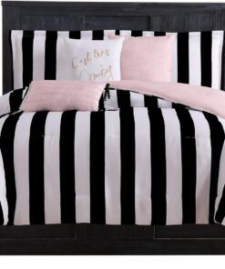 Juicy Couture Cabana Stripe Reversible Bedding Set - Queen Size - Black and White Stripe Print – 6 Piece Set – Includes 1 90" x 90" Comforter, 3 Decorative Pillows, 2 Shams