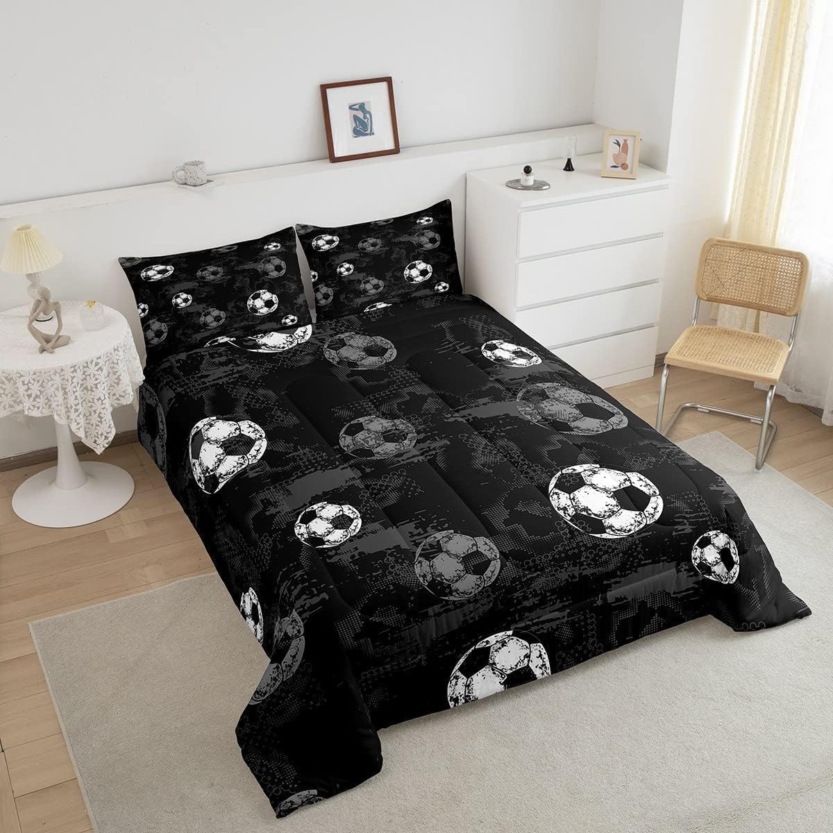 Erosebridal Soccer Comforter Twin Football Bedding Sets for Boys Teens Sport Themed Bedding Ball Gaming Duvet Insert Black Gray Grunge Room Decor 2pcs with 1 Pillow Case Lightweight Soft Bed Set - Image 5