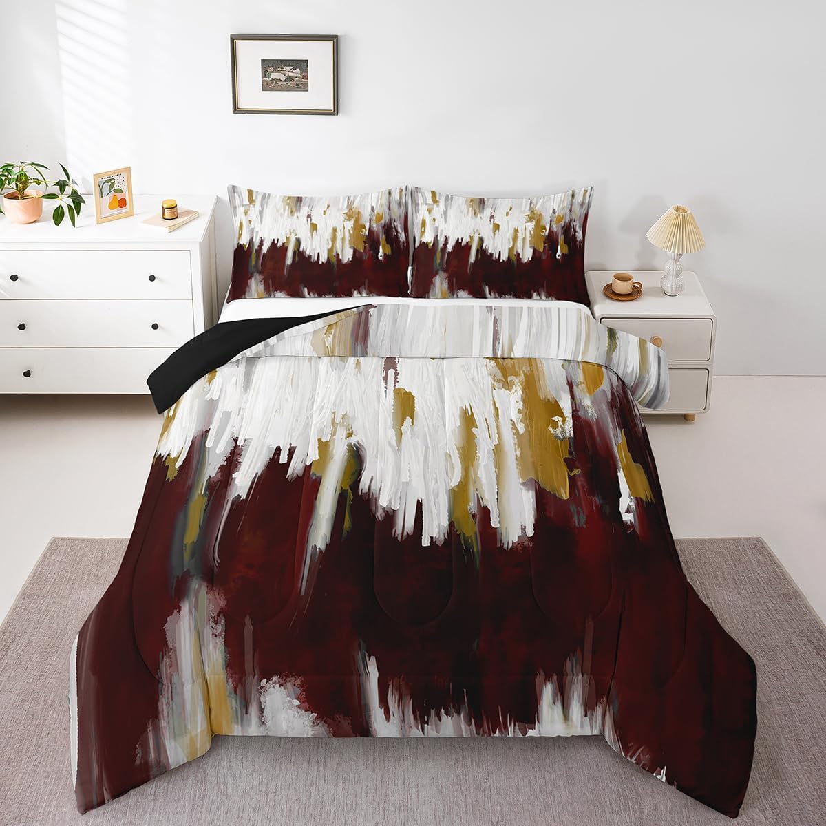Erosebridal Black Grey Gold Comforter Set Queen Brush Strokes Oil Painting Bedding Set, Gradient Abstract Vintage Bedding Comforter Sets Ombre Graffiti Duvet Set, Contemporary Modern Quilted Comforter - Image 29