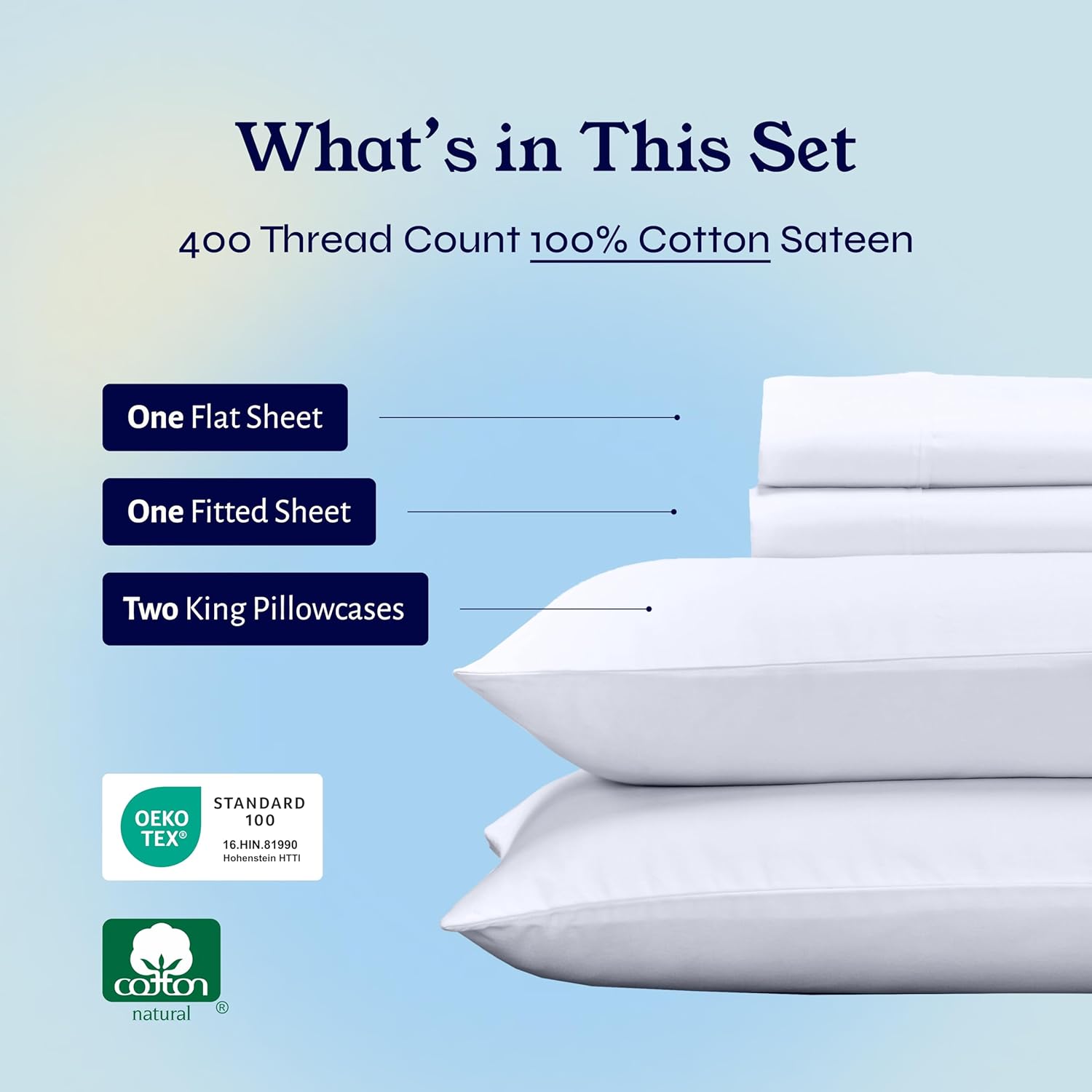 California Design Den King Size Sheets Set - Soft 400 Thread Count Sateen, Natural 100% Cotton Sheets King Size, Deep Pockets with All Around Elastic for a Snug Fit, Cool & Durable Bedding - White - Image 3