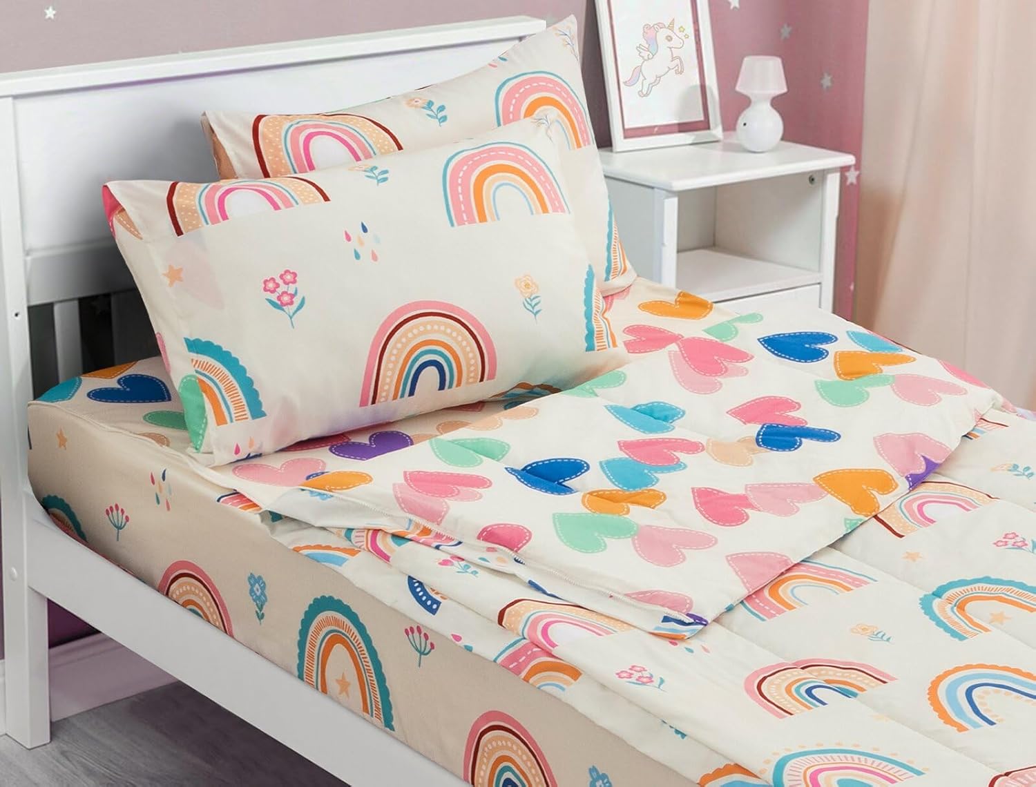 Meeting Story 3pcs Kids Comforter Sets Zipper Bedding Set for Girls,Twin Kid Bedding Set Rainbow Comforter Flower Bedding for Kid,All in one Zipper Bedding(Beige,Twin)