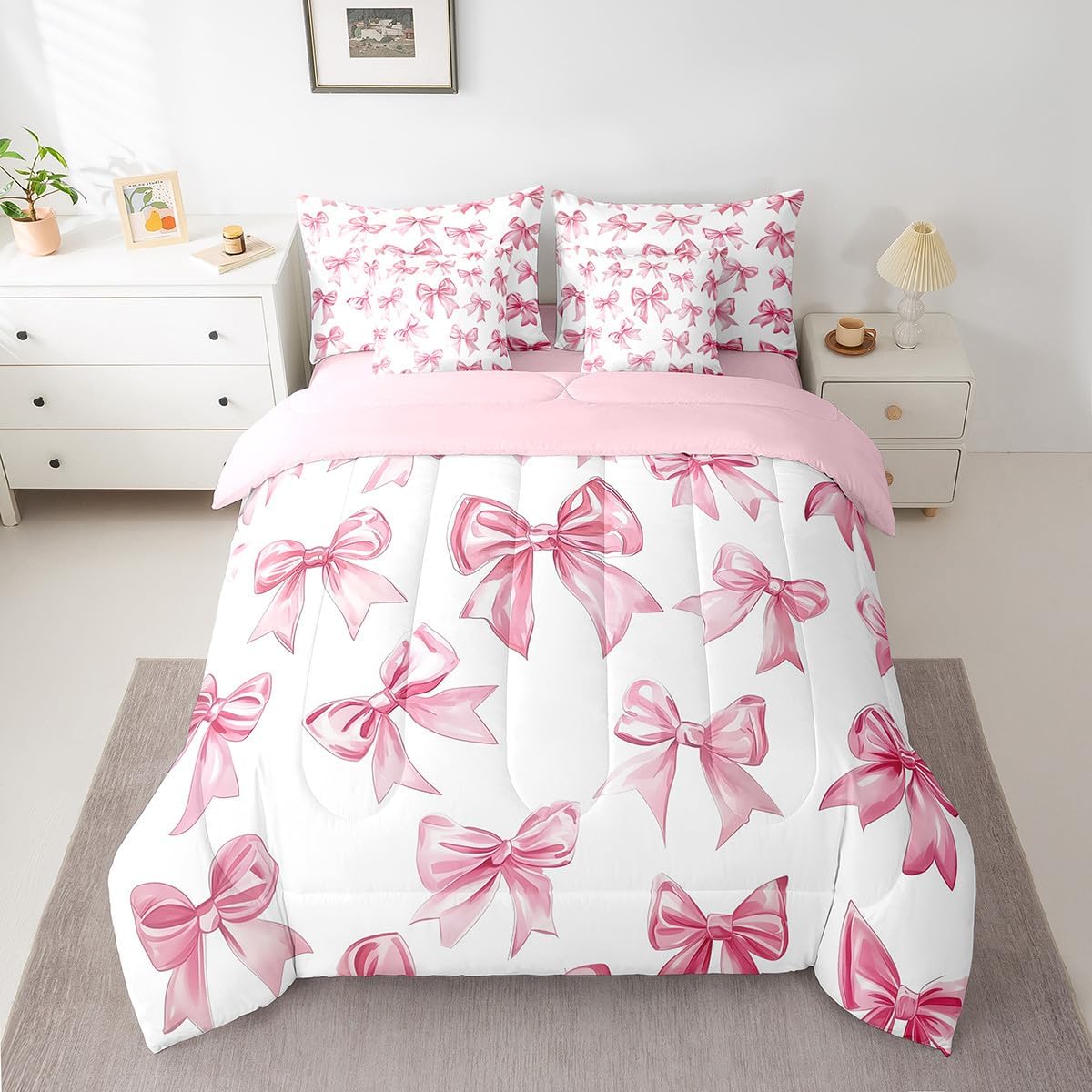 Erosebridal Kawaii Bowknot Girls Bed in A Bag with Sheets Dreamy Princess Style Twin Comforter Set 7 Piece for Kids Teen Women,Girly Cute Bow Bedding Set Pink Bow Tie Bed Set Bedroom Decor - Image 3