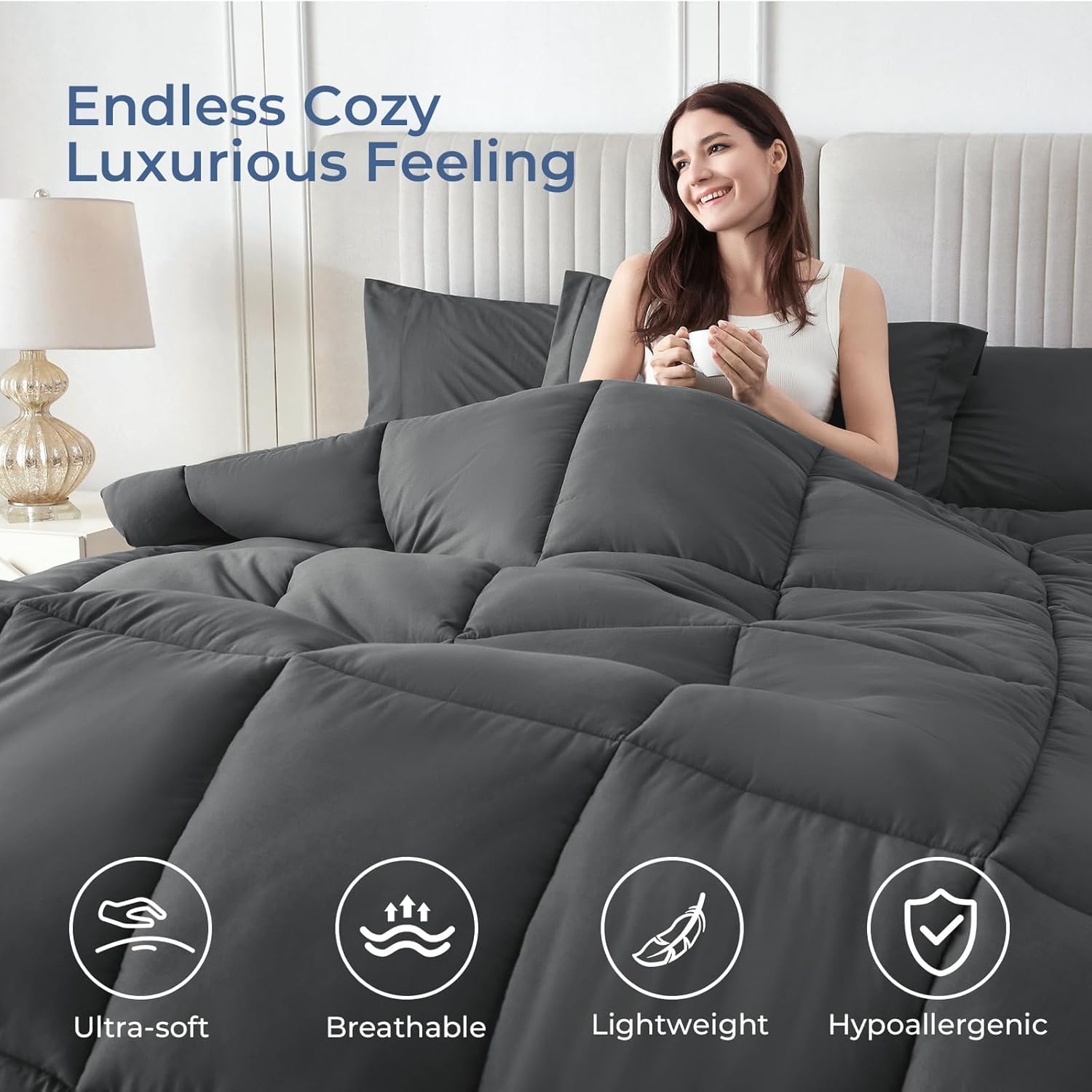 Sasttie Queen Comforter Set, 7 Pieces Bed in a Bag Queen, Complete Bedding Set Includes Grey Comforter, Flat Sheet, Fitted Sheet, Pillowcases and Pillow Shams, Dark Grey - Image 2