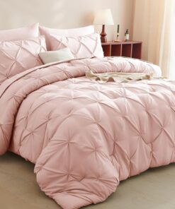 CozyLux Full Size Comforter Sets Blush Pink, 7 Pieces Pintuck Bed in A Bag Pink Comforter Full Size, Pinch Pleat Bedding Sets with All Season Comforter, Sheets, Pillowcases & Shams