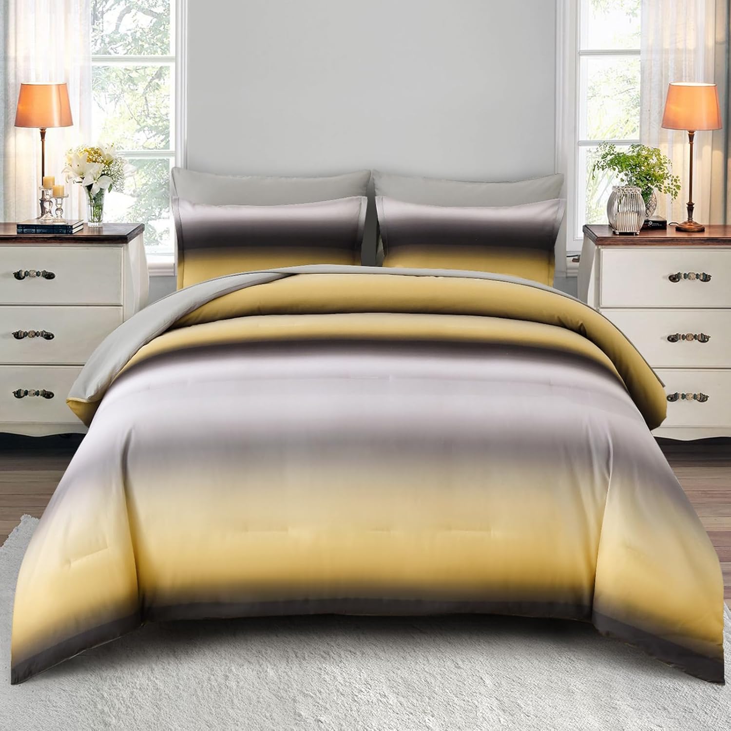 Ombre Blue Comforter Set King Size Reversible Gradient Blue Grey Boho Bedding Set for Men Women 8 Pieces Bed in A Bag Bohemian Bed Set With Comforter, Sheets, Pillowcases & Shams, Cushion Cover - Image 13