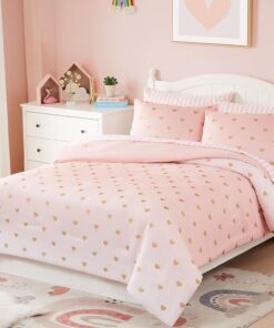 Full Size Comforter Sets with Sheets for Girls-7 Pieces Full Size Bedding Sets with Pink Comforter, Sheets, Pillowcases & Shams for Kids (Pink Gold Heart, 76" X 86")