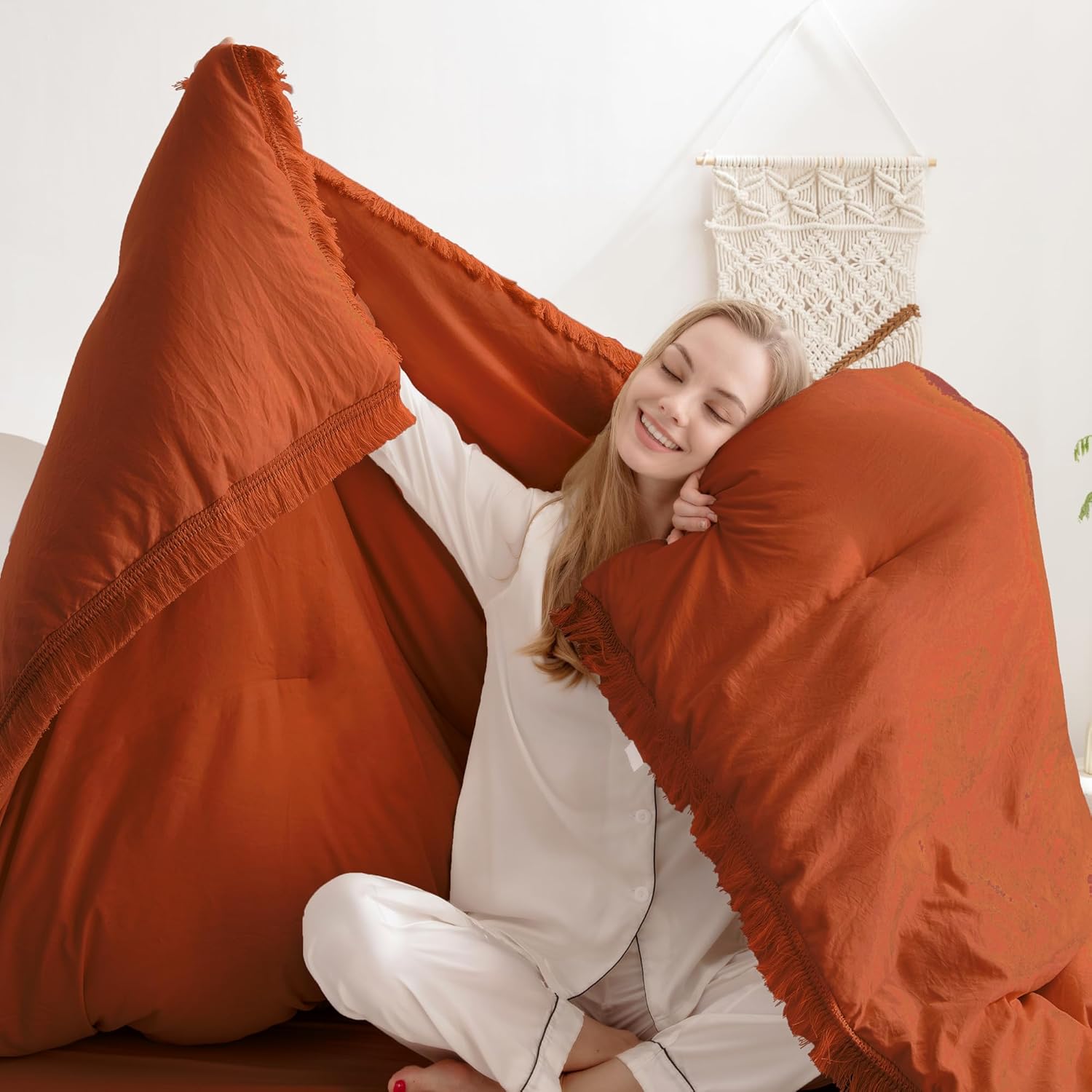 Andency King Size Comforter Set Burnt Orange, 3 Pieces Boho Terracotta Soft Lightweight Bedding Comforter Sets, Rust Tassel All Season Bed Set (104x90In Comforter & 2 Pillowcases) - Image 2