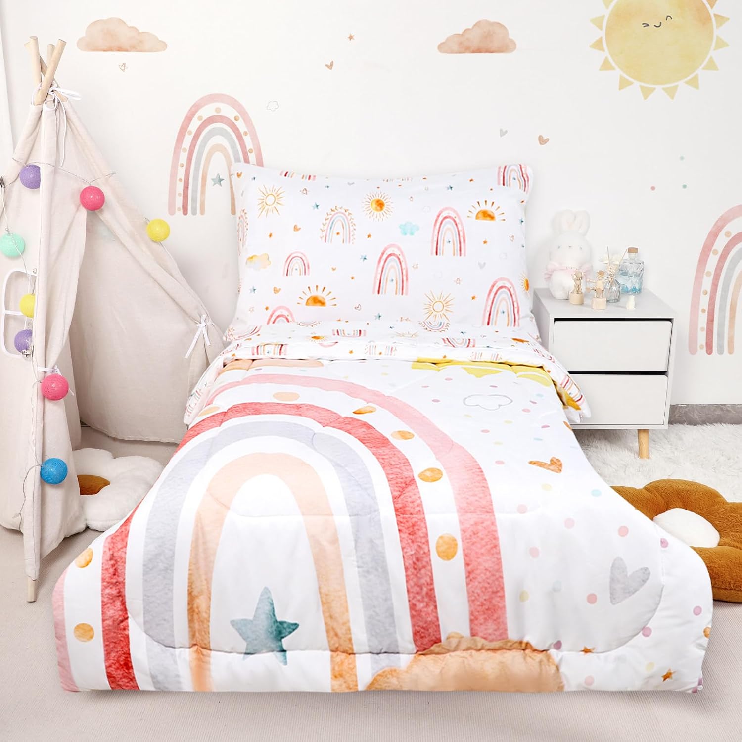 Toddler Bedding Set for Girls, 4 Piece Rainbow Toddler Girl Bedding Set, Super Soft & Lightweight Toddler Comforter Set Includes Comforter, Flat Sheet, Fitted Sheet, Pillowcase (Pink) - Image 3