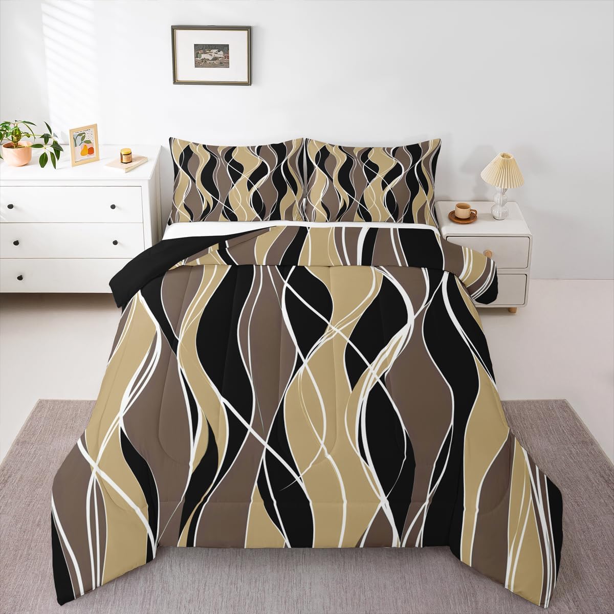 Erosebridal Black Grey Gold Comforter Set Queen Brush Strokes Oil Painting Bedding Set, Gradient Abstract Vintage Bedding Comforter Sets Ombre Graffiti Duvet Set, Contemporary Modern Quilted Comforter - Image 10