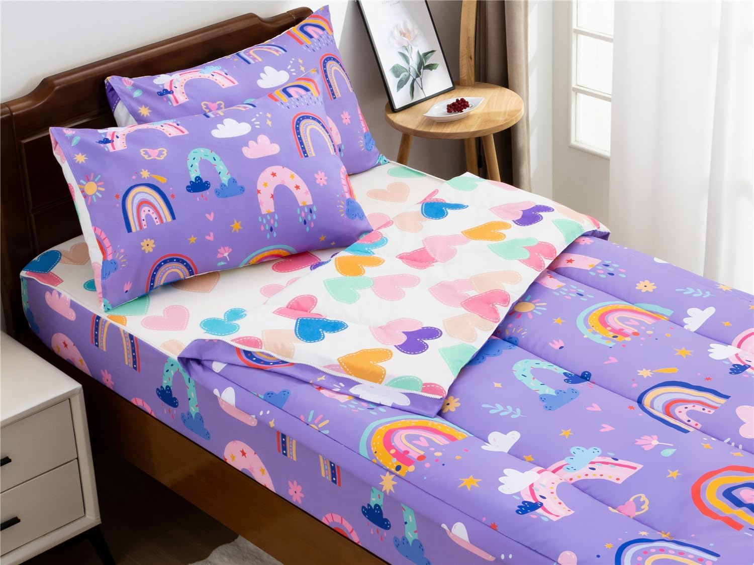 NTBED Rainbow Printed Zipper Bedding Sets Twin Lightweight Microfiber Heart Comforter Set with Fitted Sheet Pillow Covers,Beige - Image 10