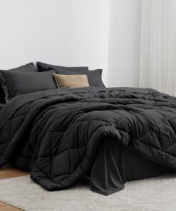 Love's cabin Queen Comforter Set Black, 7 Pieces Queen Bed in a Bag, All Season Bedding Sets with 1 Comforter, 1 Flat Sheet, 1 Fitted Sheet, 2 Pillowcase and 2 Pillow Sham