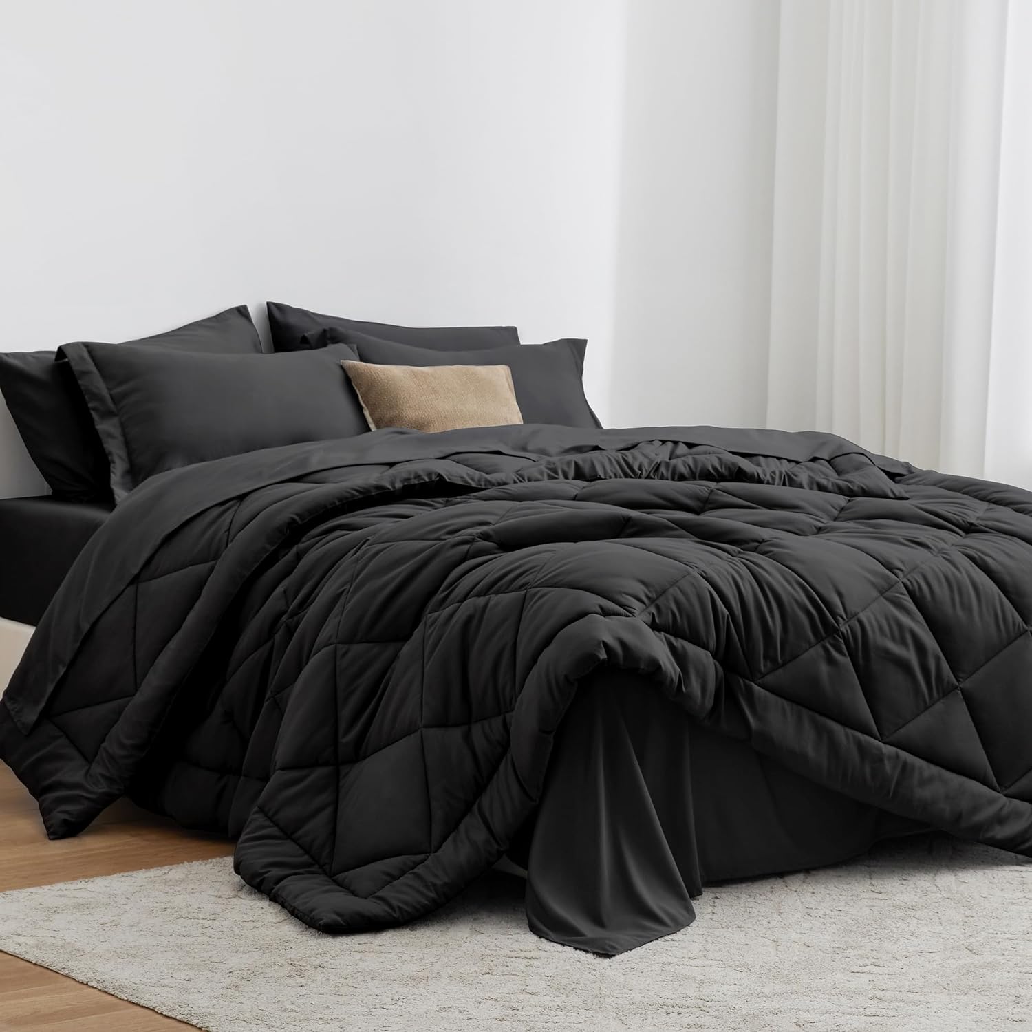 Love's cabin Twin Comforter Set Black, 5 Pieces Twin Bed in a Bag, All Season Twin Bedding Sets with 1 Comforter, 1 Flat Sheet, 1 Fitted Sheet, 1 Pillowcase and 1 Pillow Sham