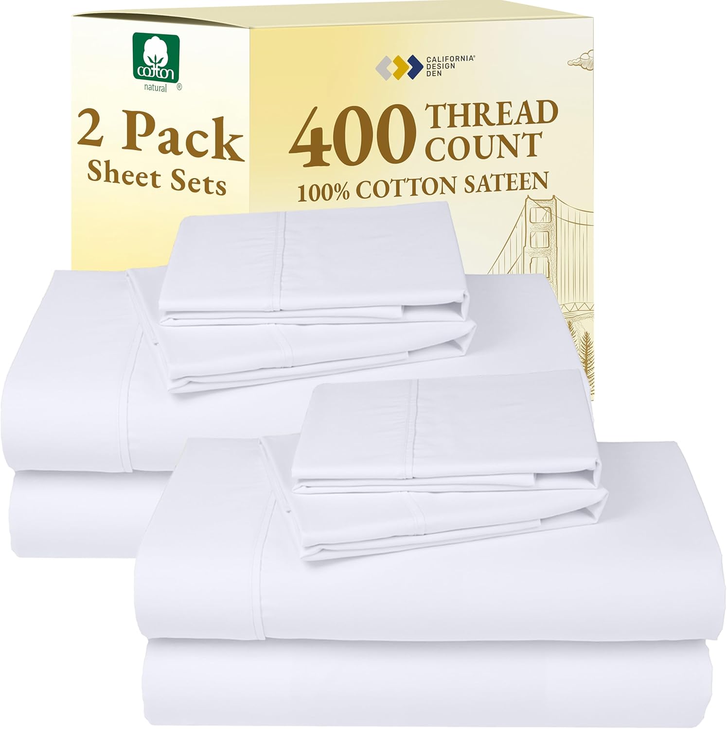 California Design Den King Size Sheets Set - Soft 400 Thread Count Sateen, Natural 100% Cotton Sheets King Size, Deep Pockets with All Around Elastic for a Snug Fit, Cool & Durable Bedding - White - Image 9