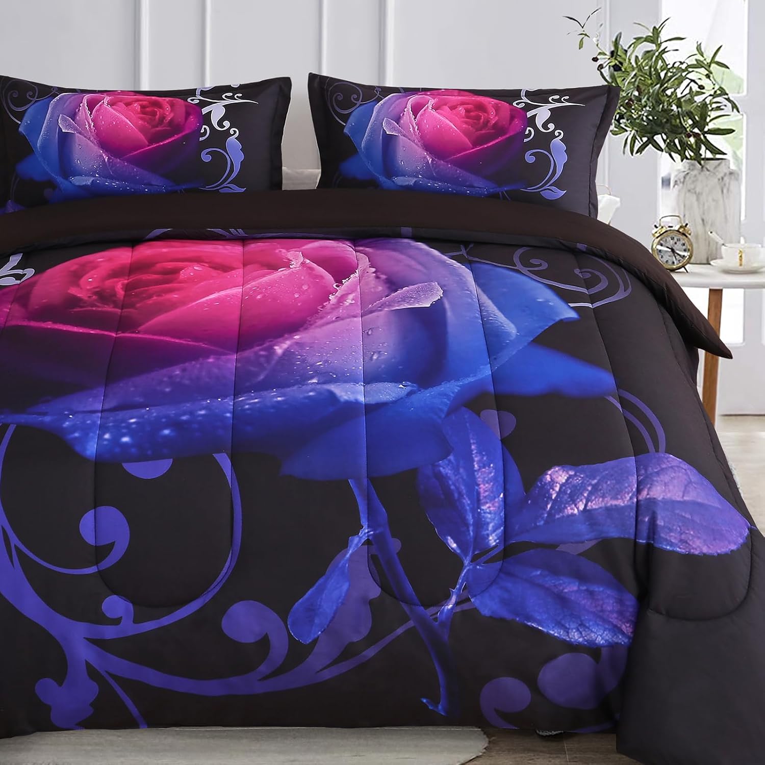 WONGS BEDDING Red Comforter Set Queen Reversible Red Rose Pattern Printed Bedding Down Comforter with 2 Pillowcases for All Seasons, Soft Microfiber Lightweight Bedding Set 90"x90" - Image 10