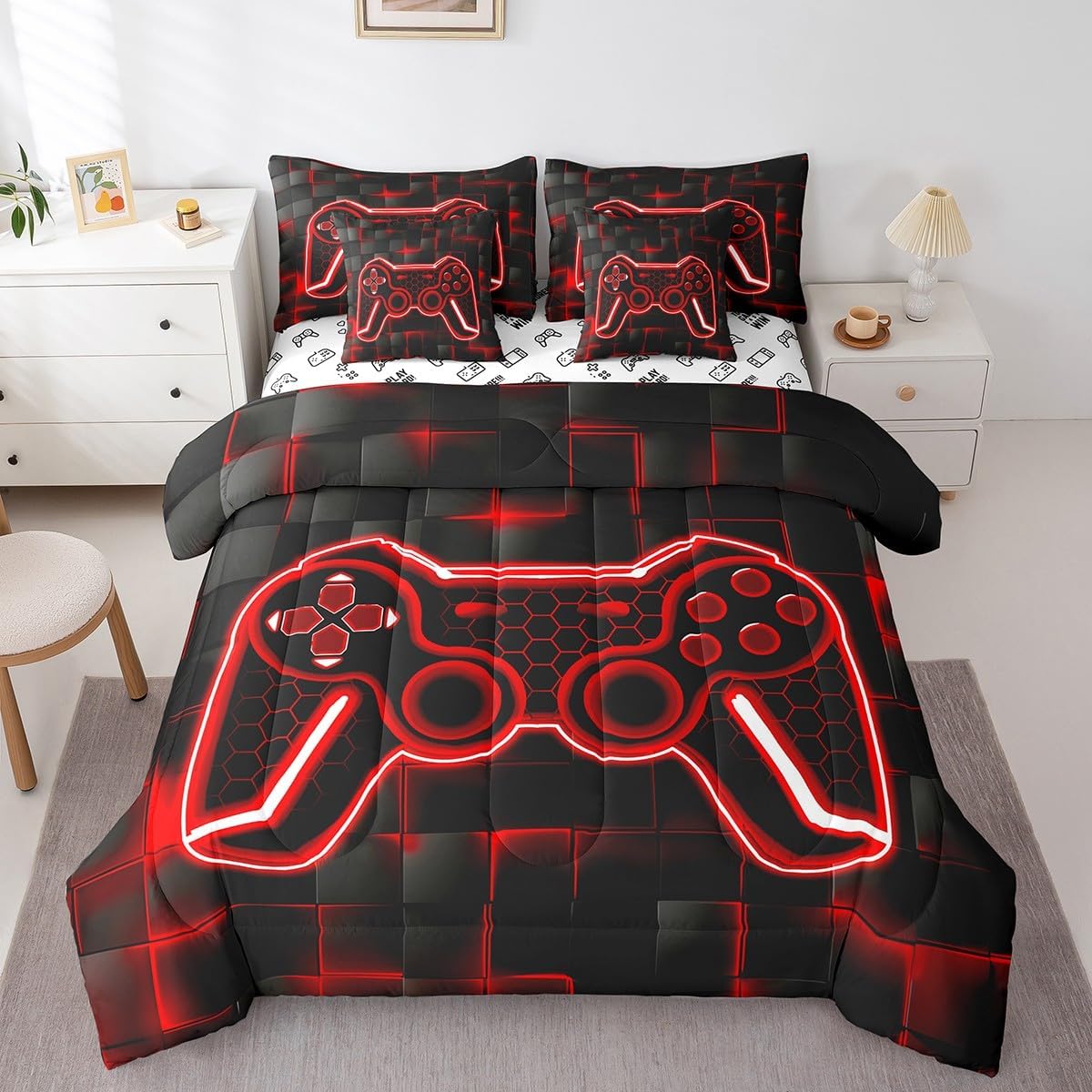Feelyou Gamer Bedding Set Gamepad Comforter Set with Sheets 7 Piece for Boys Gaming Gifts Bed in a Bag Full Game Controller Red Bed Set with Comforter,Sheets,Cushion Covers - Image 29