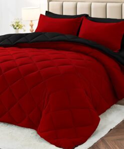 MUXHOMO 7 Pieces Queen Comforter Set, Reversible Bed in a Bag Queen Size, All Season Bedding Set with Comforter, Flat Sheet, Fitted Sheet, Pillowcases & Shams, Red & Black