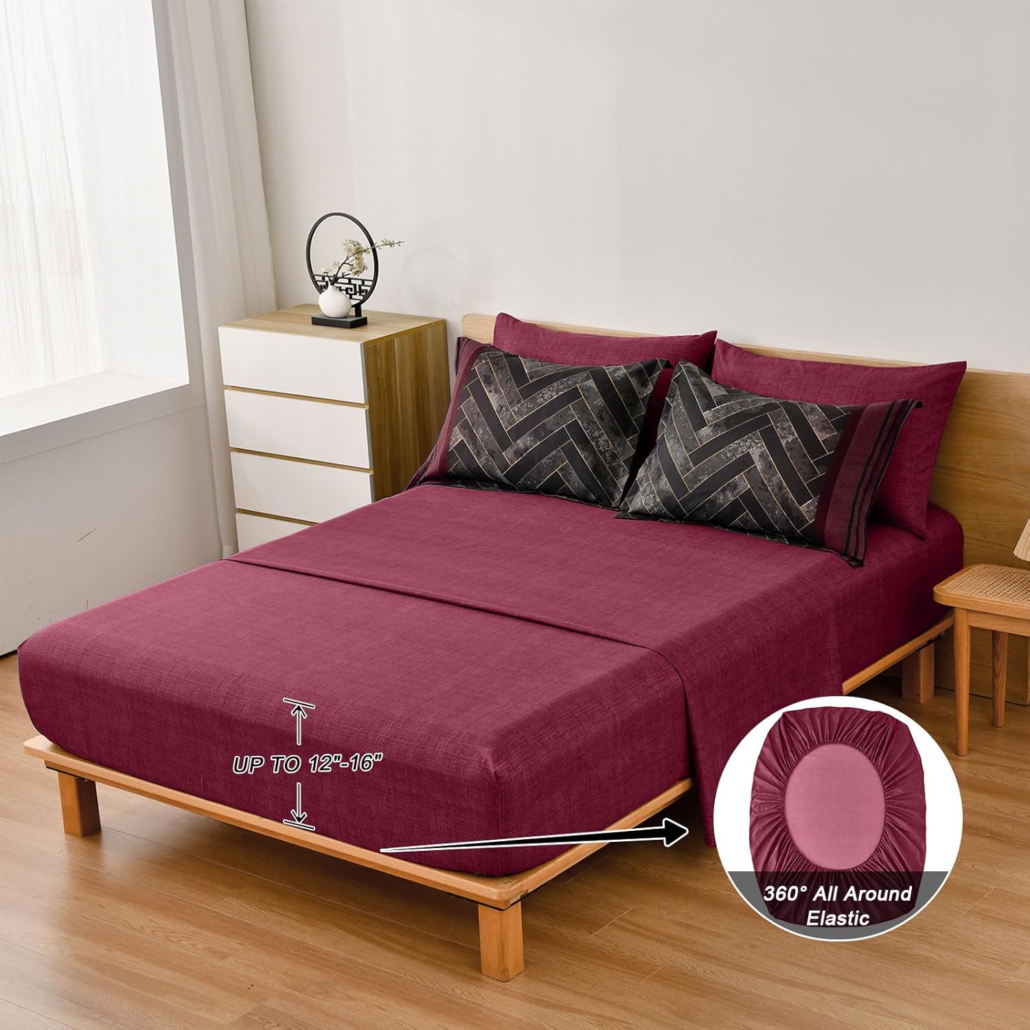 Luxudecor Burgundy Comforter Set King Size 7 Pieces Red and Black Stripe Bed in a Bag Geometric Comforter and Sheet Set, Soft Microfiber Complete Bedding Sets for All Seasons - Image 6