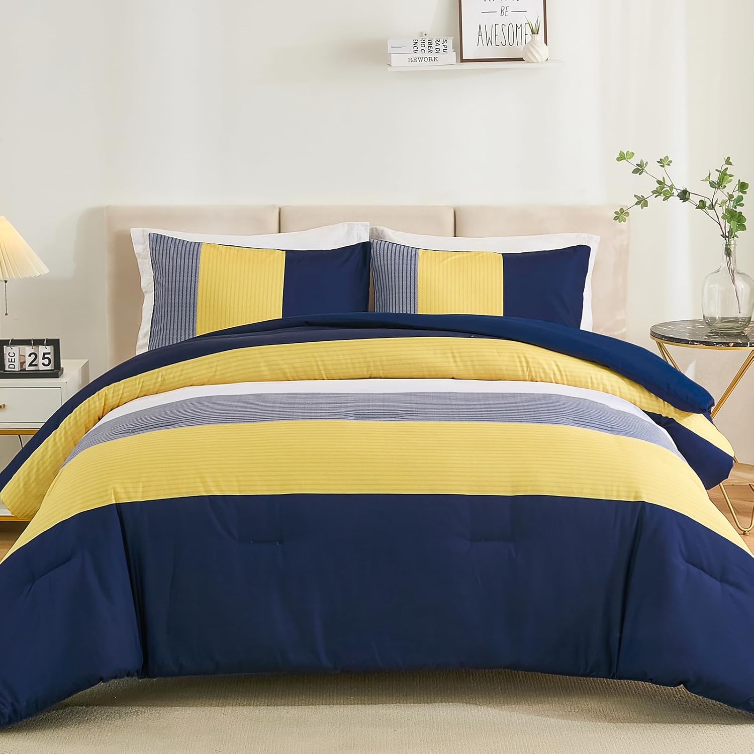 WONGS BEDDING Black Comforter Set Queen, Reversible Black Grey Stripe Down Alternative Comforter for All Season,3 Pieces(1 Patchwork Comforter+2 Pillowcases), Soft Microfiber Bedding Set 90"×90" - Image 10