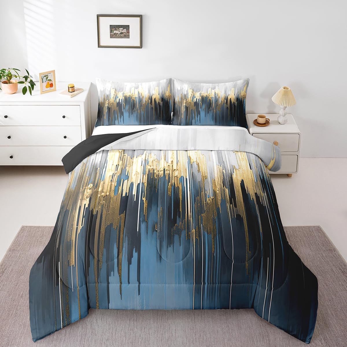 Erosebridal Black Grey Gold Comforter Set Queen Brush Strokes Oil Painting Bedding Set, Gradient Abstract Vintage Bedding Comforter Sets Ombre Graffiti Duvet Set, Contemporary Modern Quilted Comforter - Image 22