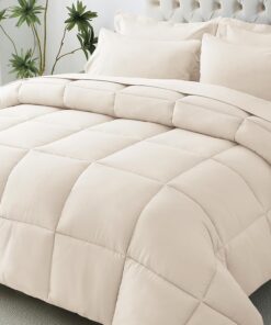 JOLLYVOGUE Queen Comforter Set, Ultra-Soft Bed in a Bag Queen Size 7 Pieces, Oeko-TEX Certified Bedding Set with Down Alternative Comforter, Sheets, Pillowcases & Shams, Beige