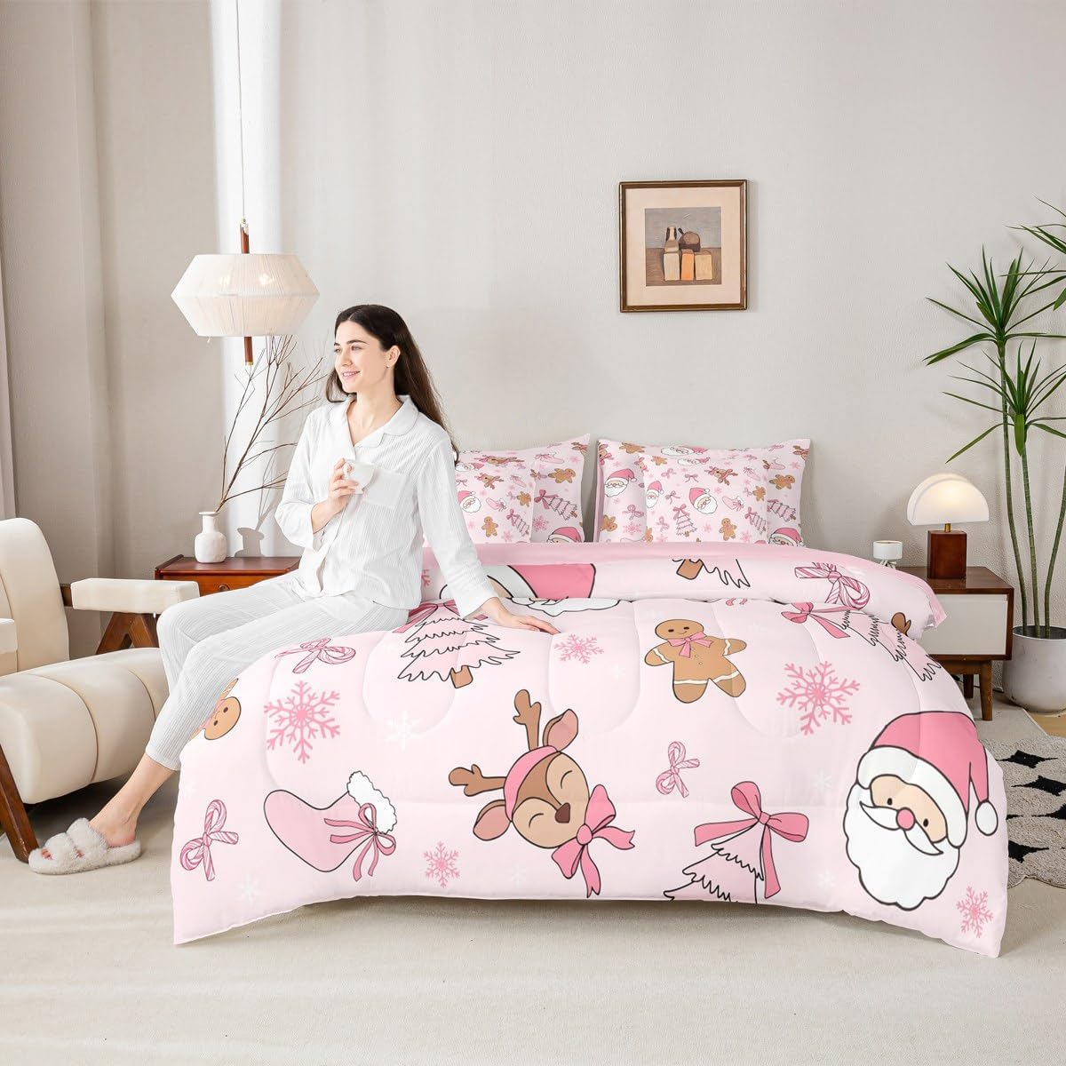 Pink Christmas 7 Piece Bedding Set Full Size Merry Christmas Snowman Bed in a Bag for Boys Girls Bedroom Decor Santa Claus Comforter Set with Sheets,Pillowcases & Cushion Cover Soft Xmas Tree Deer - Image 6