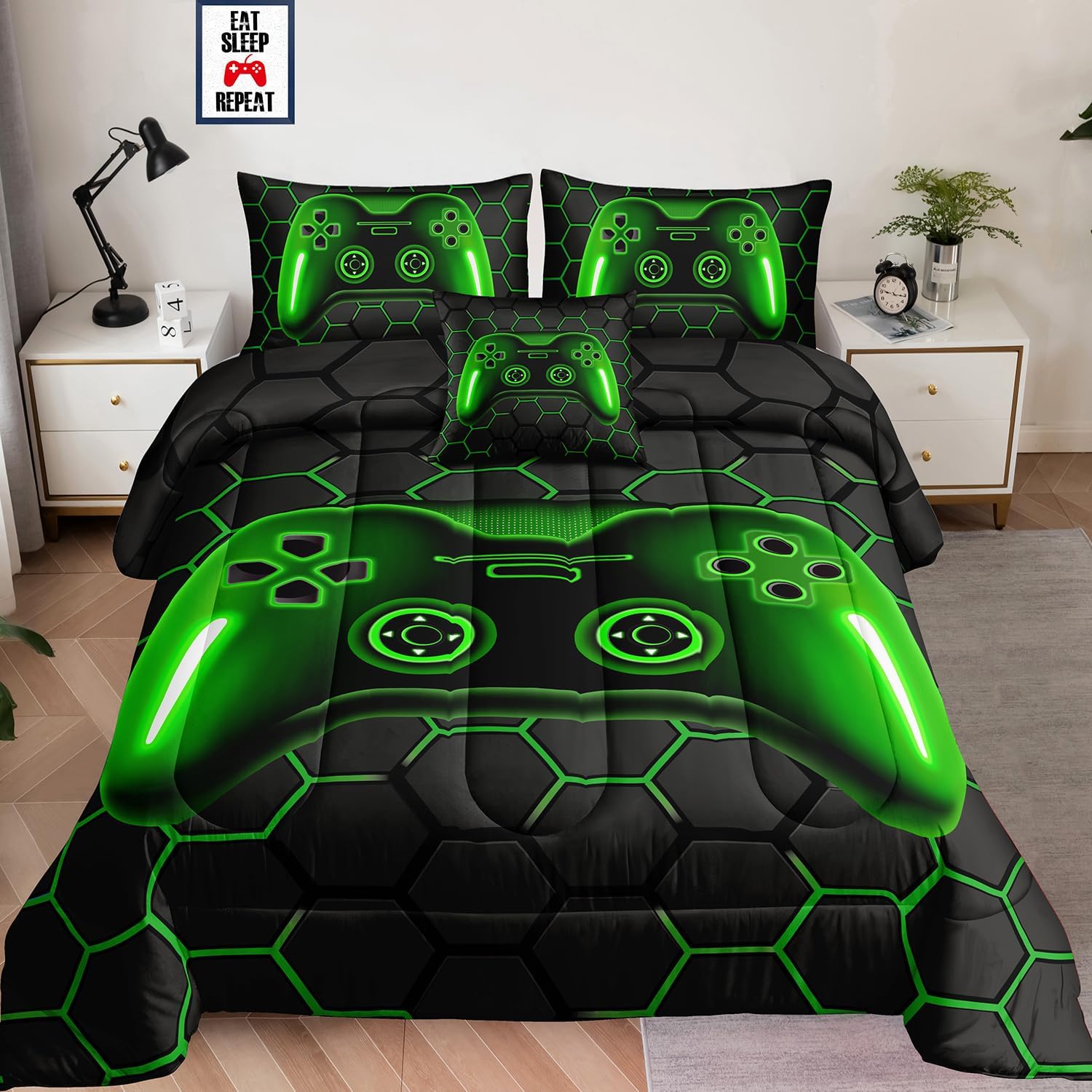 6 Pieces Bed in a Bag for Boys Bedding Sets Queen Size,Gamer Comforter Sets for Boys Kids, Gaming Comforter Set for Teens Room Decor with Flat Sheet,Fitted Sheet,Pillowcase,Cushion Cover - Image 7