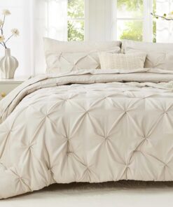 Sasttie Queen Comforter Set, 7-Piece Bed in a Bag, Pintuck Bedding Sets for All Season, Includes Comforter, Flat Sheet, Fitted Sheet, Pillowcases and Pillowshams, Beige