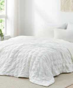 Cozy Bliss Cooling Comforter Queen Size Seersucker Plaid, Q-Max 0.4 Reversible Lightweight Cooling Blanket, Breathable Silk Smooth Summer Bedding Quilt for Hot Sleepers Night Sweats White