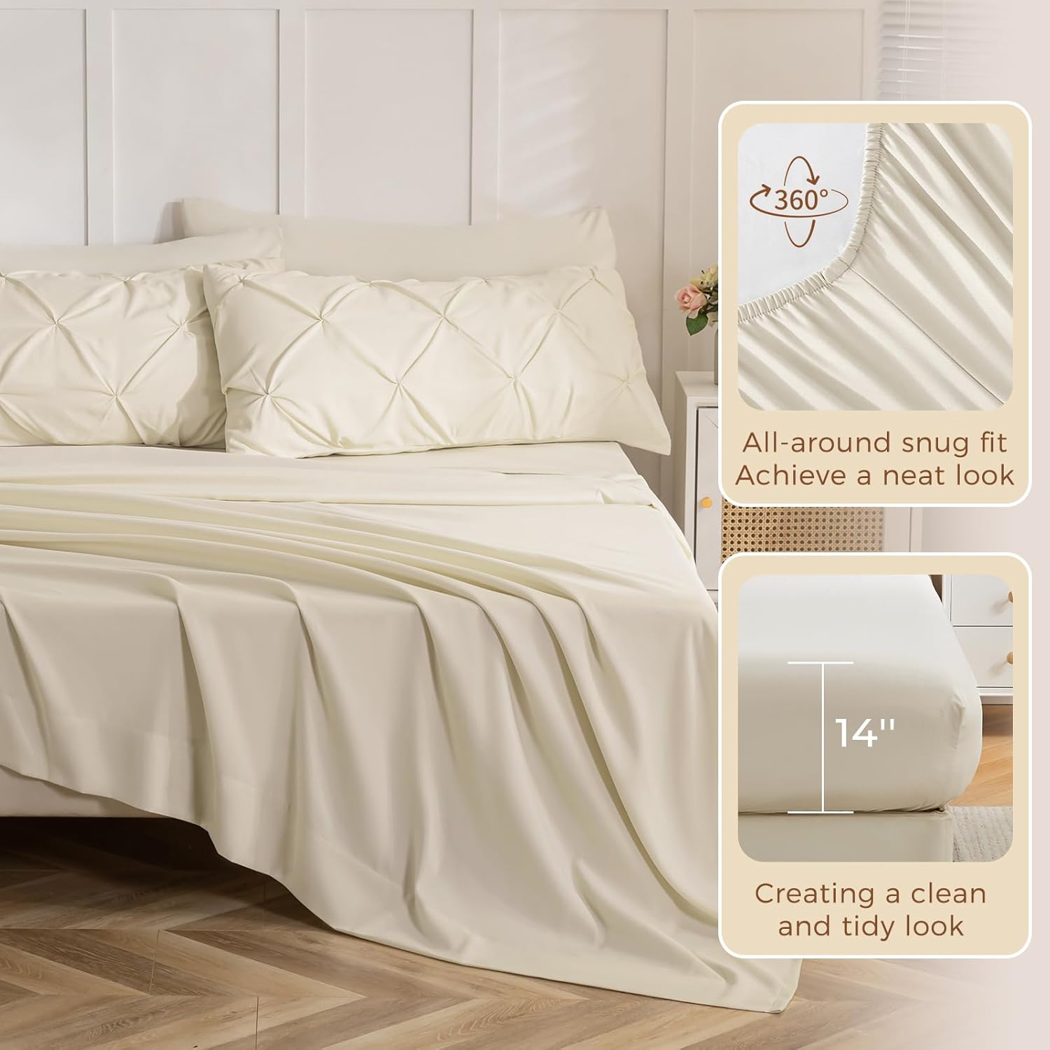 Sasttie Queen Comforter Set, 7-Piece Bed in a Bag, Pintuck Bedding Sets for All Season, Includes Comforter, Flat Sheet, Fitted Sheet, Pillowcases and Pillowshams, Beige - Image 5