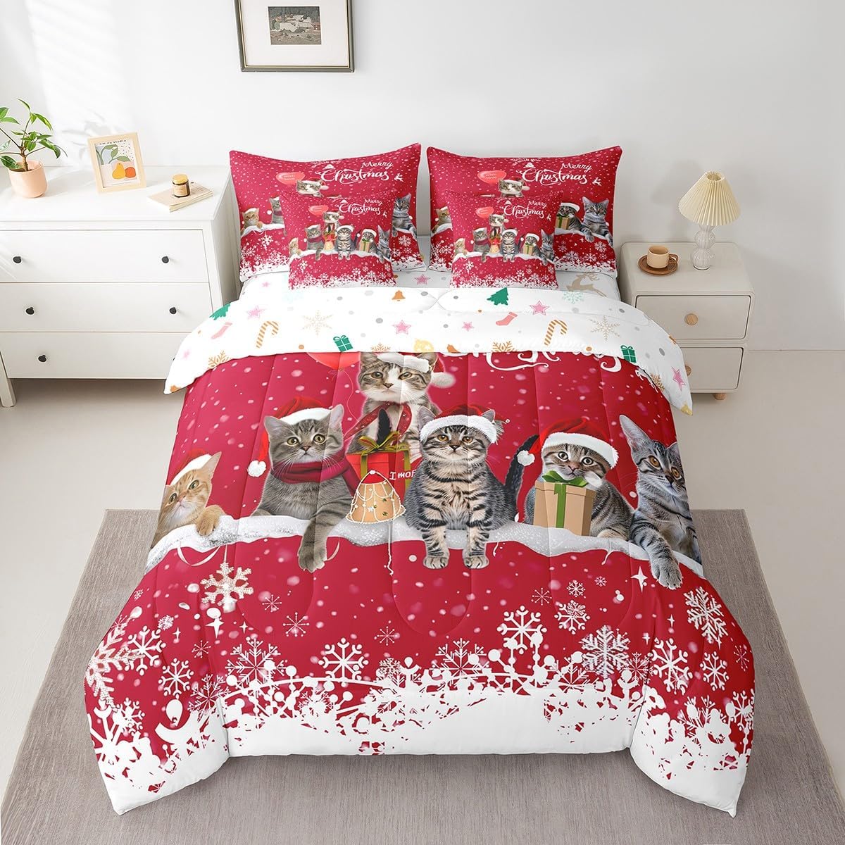 Pink Christmas 7 Piece Bedding Set Full Size Merry Christmas Snowman Bed in a Bag for Boys Girls Bedroom Decor Santa Claus Comforter Set with Sheets,Pillowcases & Cushion Cover Soft Xmas Tree Deer - Image 45