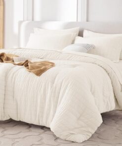 MUXHOMO 7 Pieces Queen Comforter Set, Seersucker Bed in a Bag Queen Size, All Season Luxury Bedding Set with Comforter, Flat Sheet, Fitted Sheet, Pillowcases & Shams, Ivory