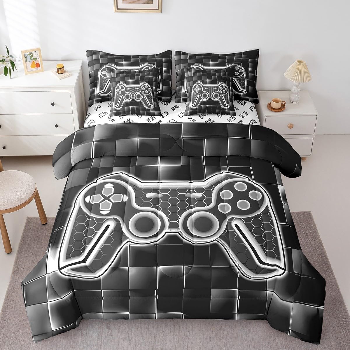 Feelyou Gamer Bedding Set Gamepad Comforter Set with Sheets 7 Piece for Boys Gaming Gifts Bed in a Bag Full Game Controller Red Bed Set with Comforter,Sheets,Cushion Covers - Image 19