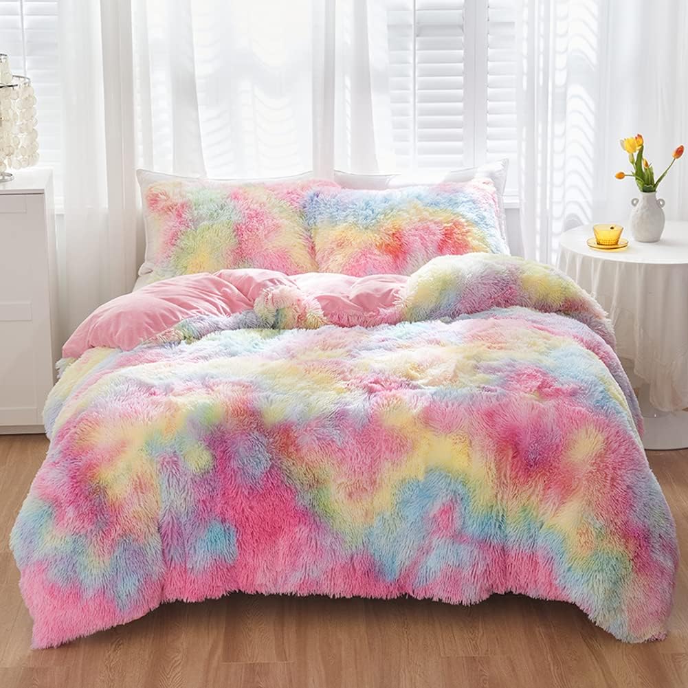 SUCSES Blue Purple Fluffy Twin Bedding Sets for Girls 3Pcs Faux Fur Plush Shaggy Kids Duvet Cover Set Twin Size Tie Dye Velvet Furry Comforter Cover Set - Image 10
